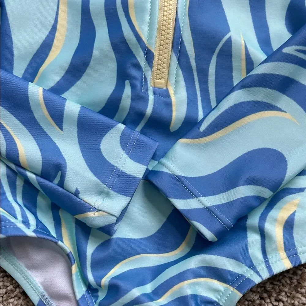 Wonder Nation Long Sleeve Blue/Turq Ruffle One Piece Swimsuit, 12 Months